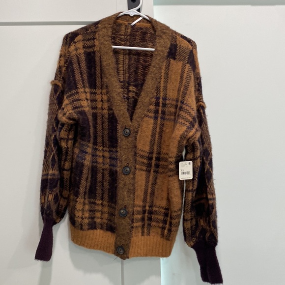 Free People Sepia Cardigan Sweater Birchwood brown plaid size XS NEW - Picture 8 of 11